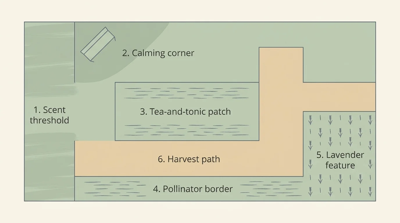 Overhead diagram of a six-zone sensory herb garden: threshold, calming corner, tea patch, pollinator border, lavender, path