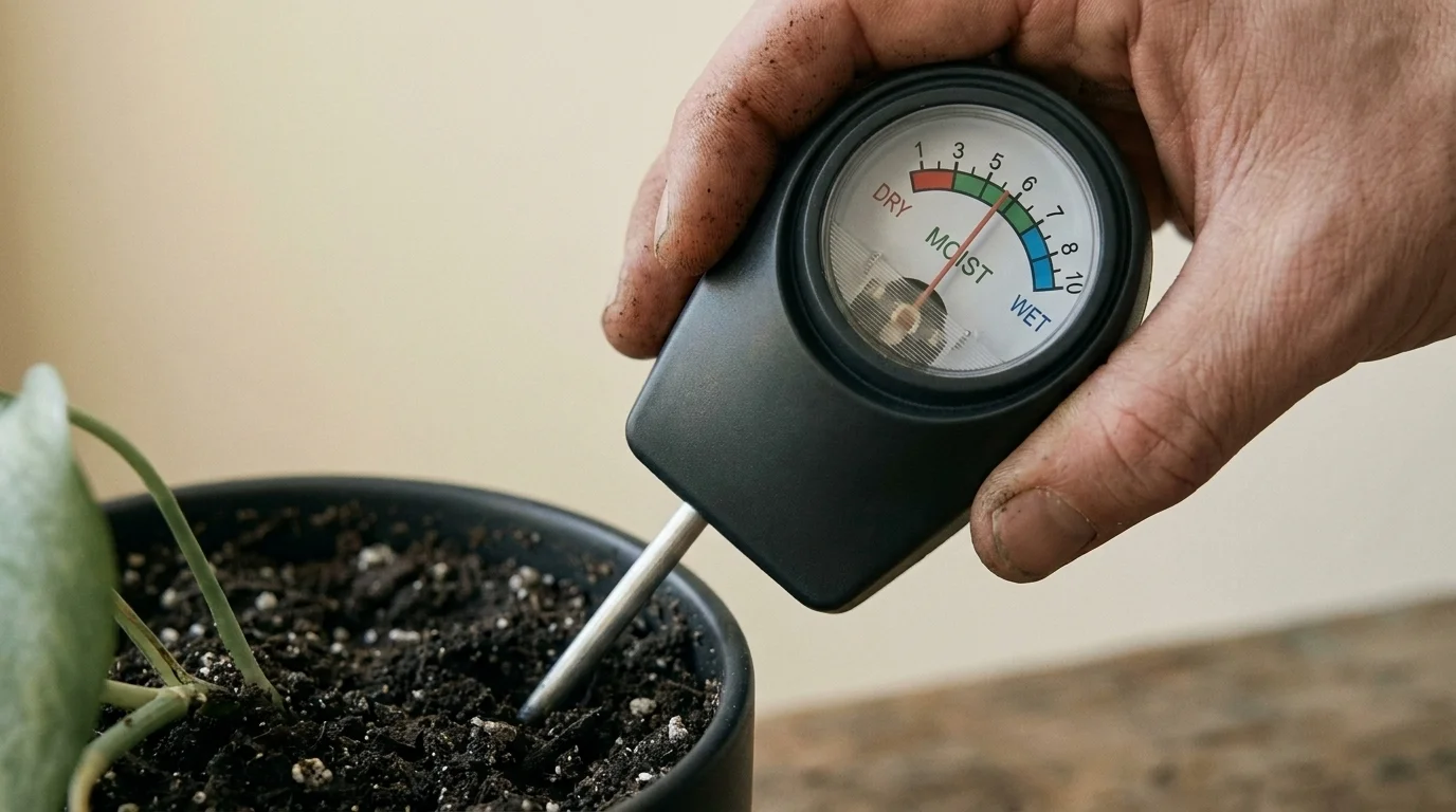 Hand inserting a soil moisture meter probe into a potted houseplant, dial needle resting in the moist 4-7 range