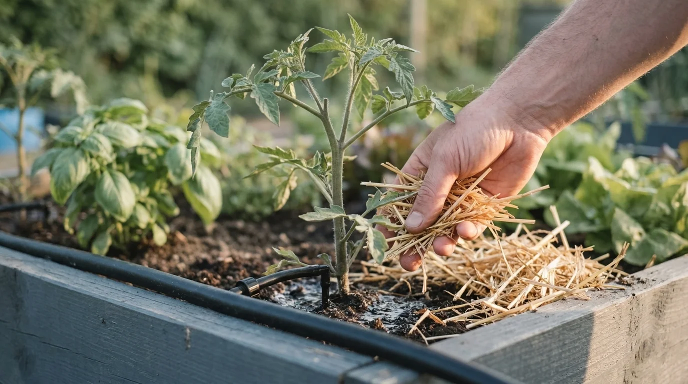 Hand laying straw mulch around the base of a recovering tomato plant with a drip-irrigation tube along the bed