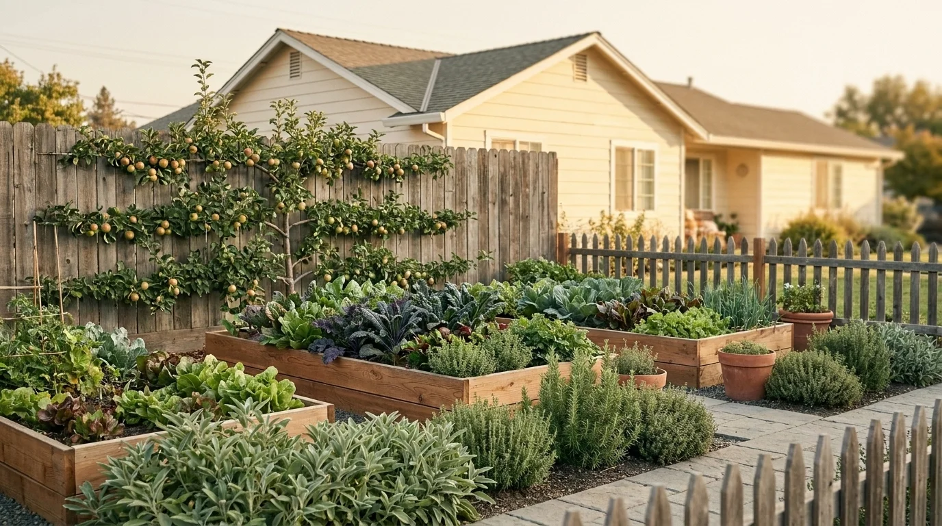 Front-yard vegetable garden with raised cedar beds and an espaliered fruit tree, styled ornamental to satisfy HOA garden restrictions