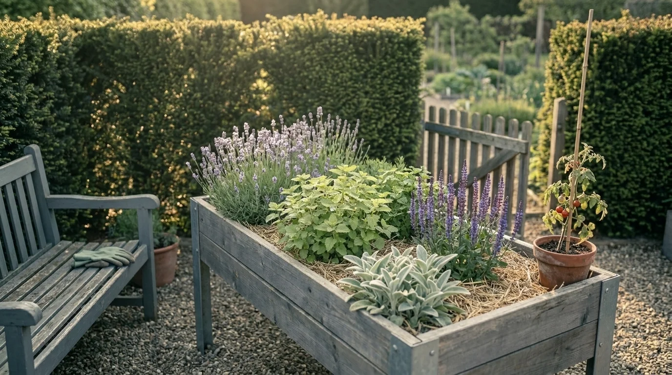 Therapeutic home garden corner — cedar bed with lavender, lemon balm, lamb's ear, blue salvia, and a cherry tomato pot