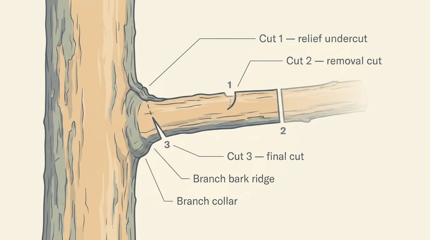 Diagram of the three-cut method on a tree branch with relief undercut, removal cut, and final cut at the branch collar line