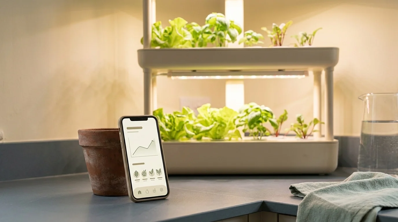 Tiered hydroponic system growing lettuce and basil under LED light, phone displaying the companion app on a kitchen counter