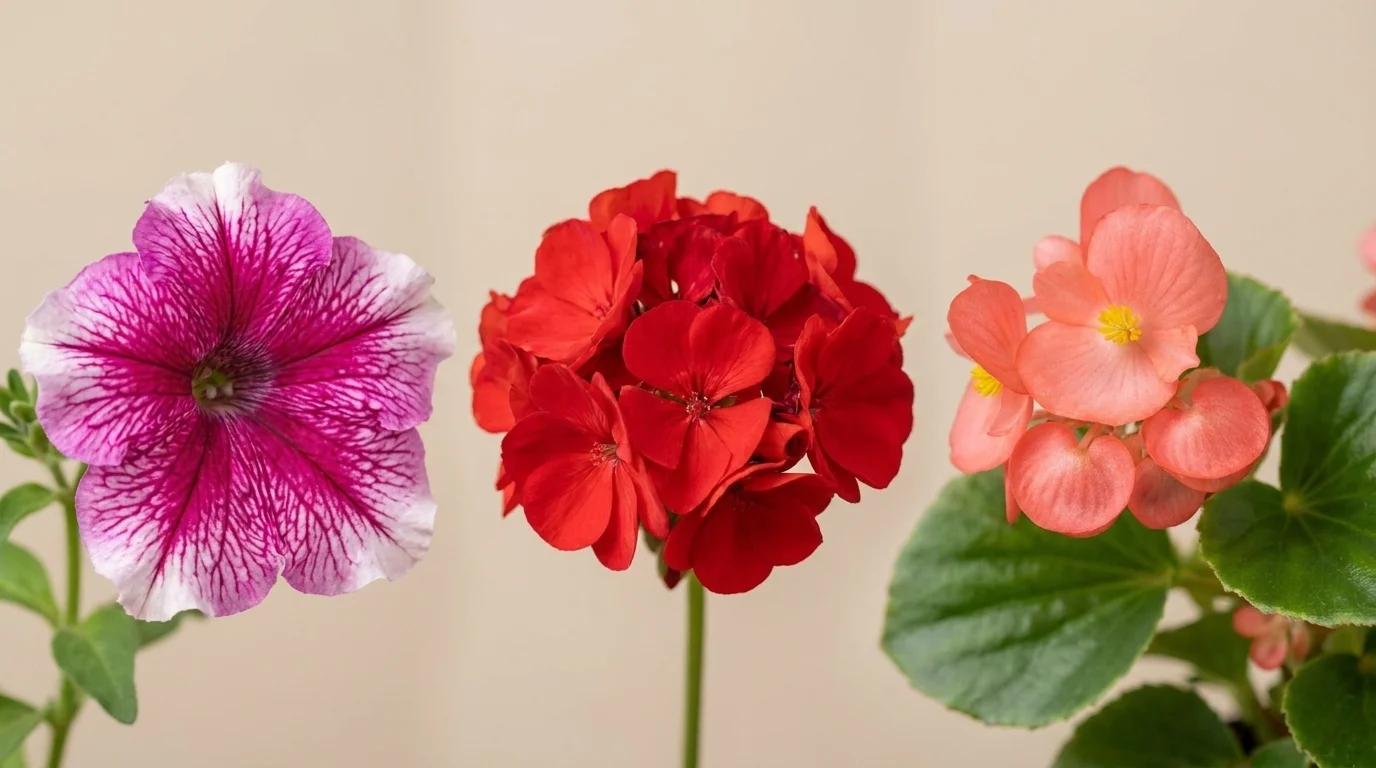 Studio close-up of three top-selling annuals — a magenta petunia, a scarlet bedding geranium and a coral wax begonia