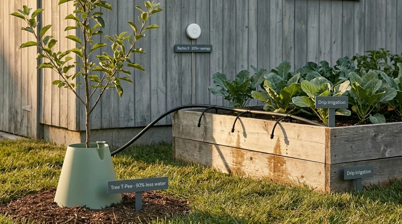 Hudson Valley garden showing three water-saving systems — Tree T-Pee cone, drip irrigation tube, and a small smart-irrigation controller