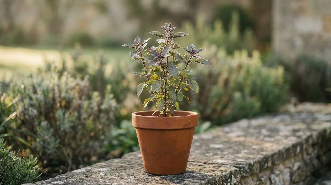 Dewy tulsi holy basil in a terracotta pot on a weathered stone step in soft morning side light