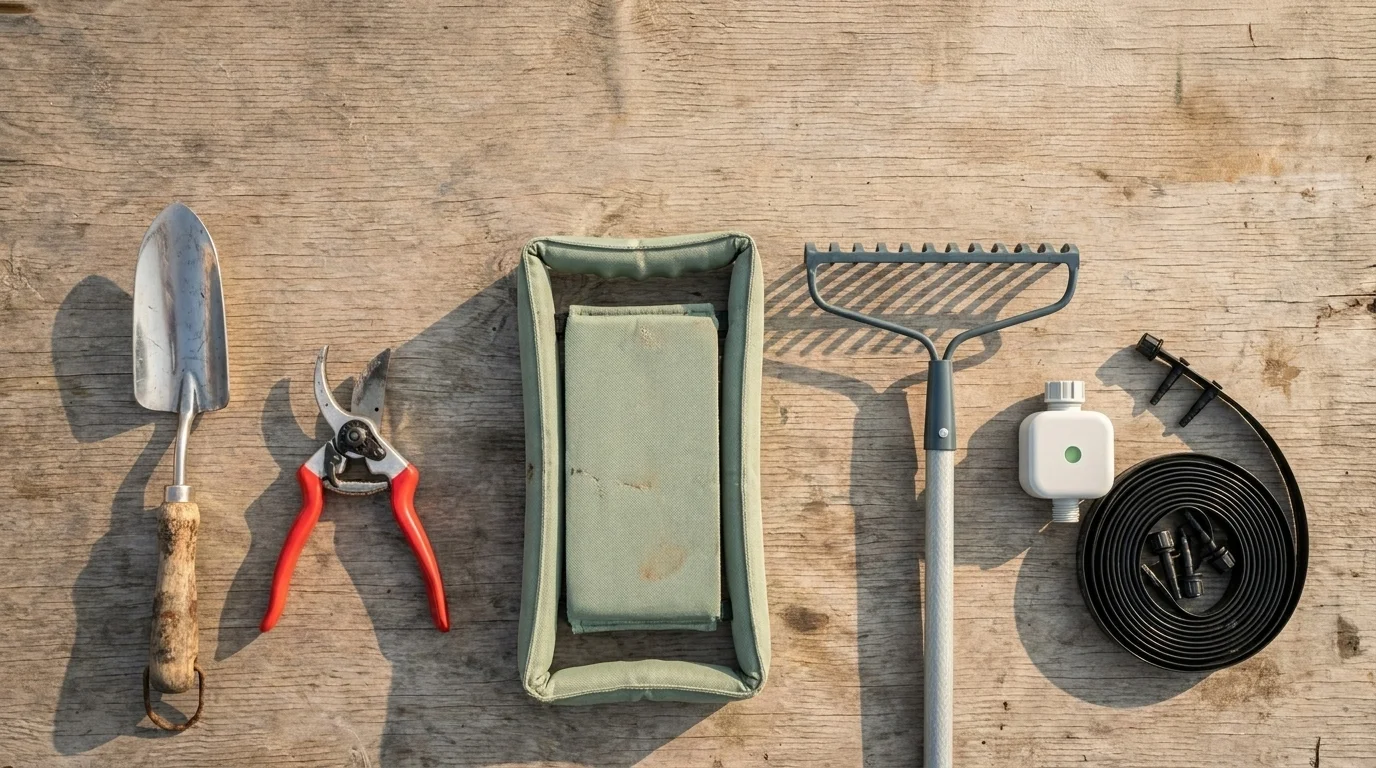 Five adaptive gardening tools — long-handled trowel, easi-grip pruners, kneeler-seat combo, lightweight rake, drip timer