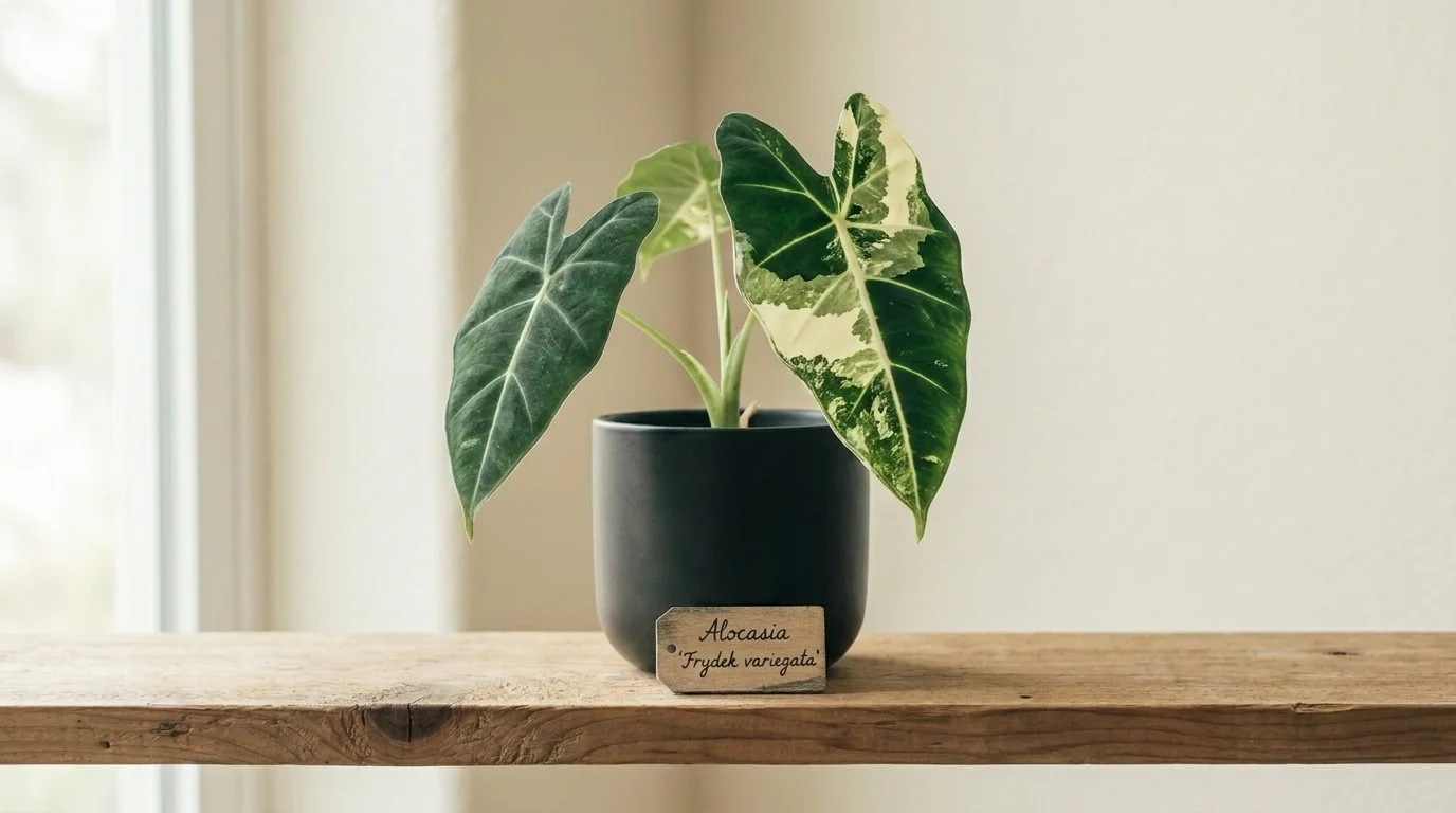 Alocasia Frydek variegata in a matte-black pot, velvet arrow leaves with cream variegated patches in window light