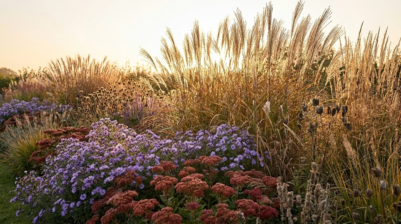 Backlit Miscanthus and Panicum grasses glowing at golden hour over drifts of purple asters and rust sedum in autumn