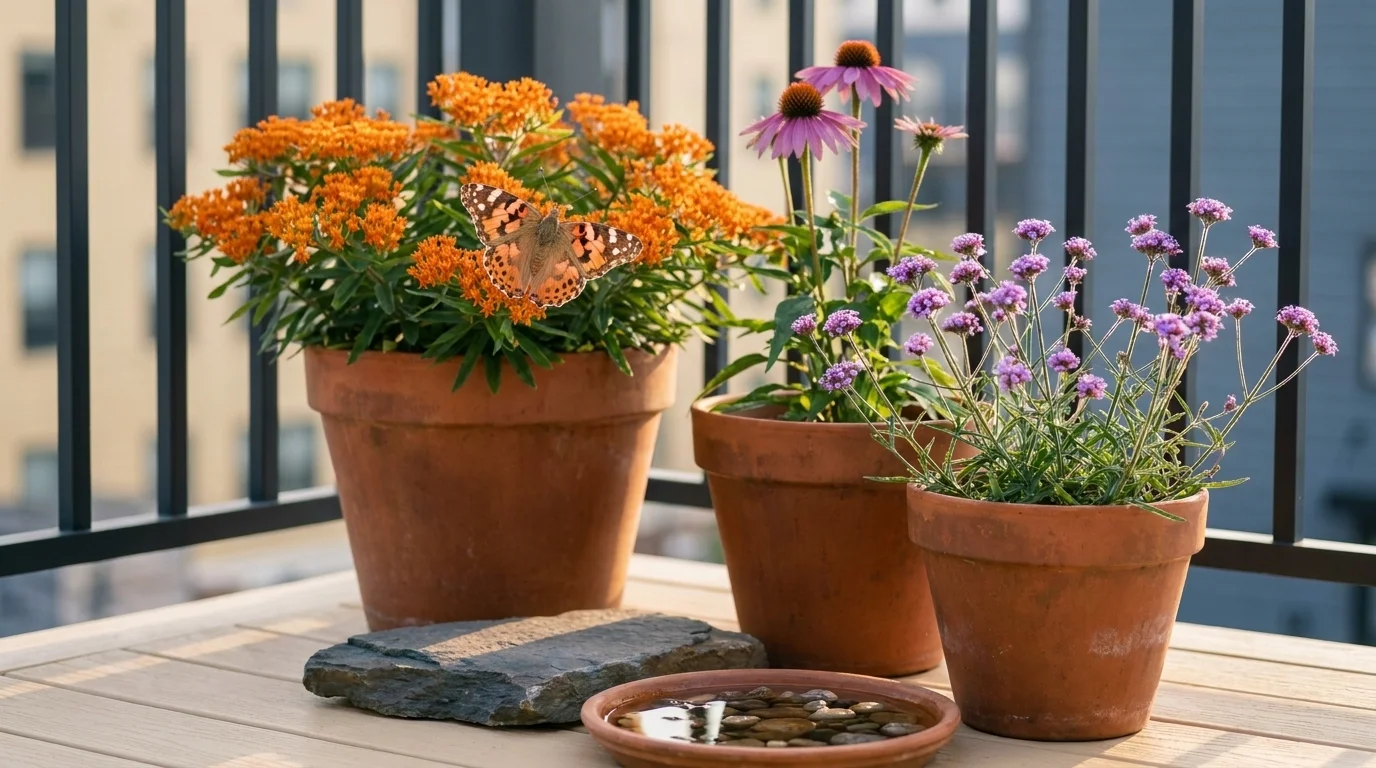 Balcony butterfly garden of three terracotta pots with a painted lady on milkweed, a tall coneflower, and Verbena bonariensis