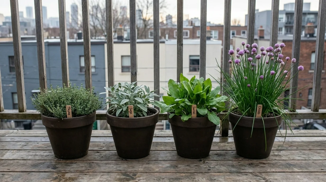 Four matching terracotta pots of thyme, sage, sorrel, and chives on a Toronto balcony with city skyline behind