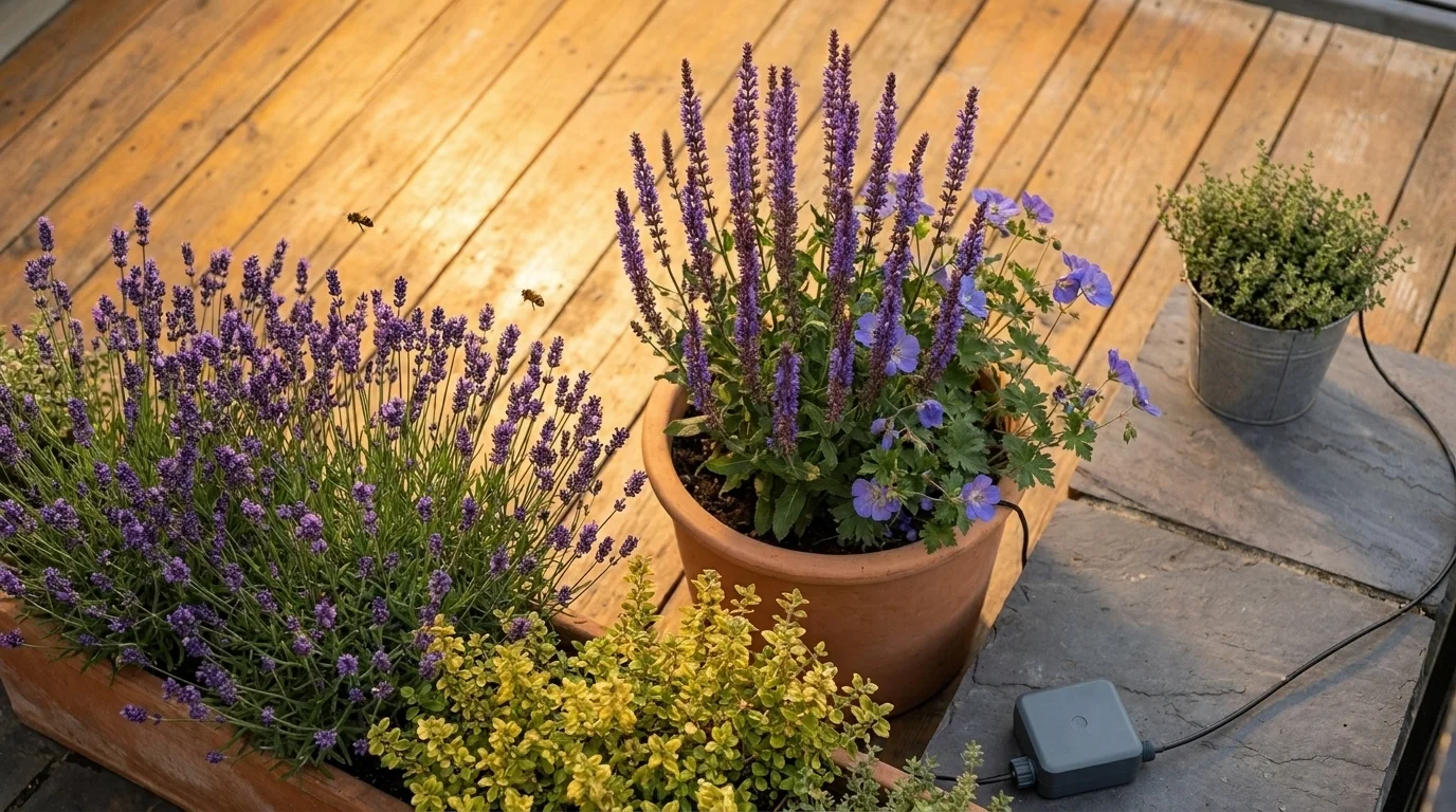 Overhead view of a UK balcony with terracotta lavender, salvia and thyme containers and a battery drip-irrigation timer