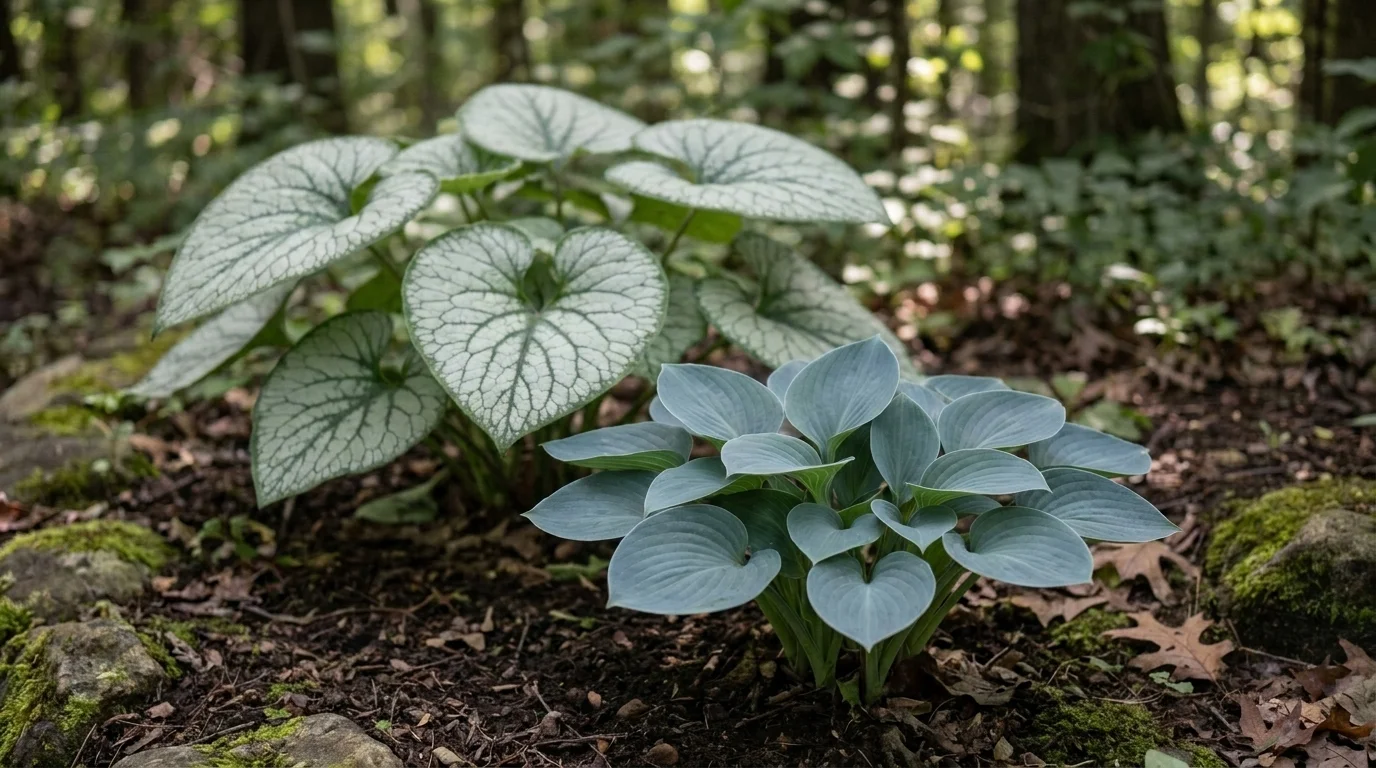 Hosta 'Blue Mouse Ears' with cupped blue-grey leaves in front of silver-washed Brunnera 'Queen of Hearts' in woodland shade