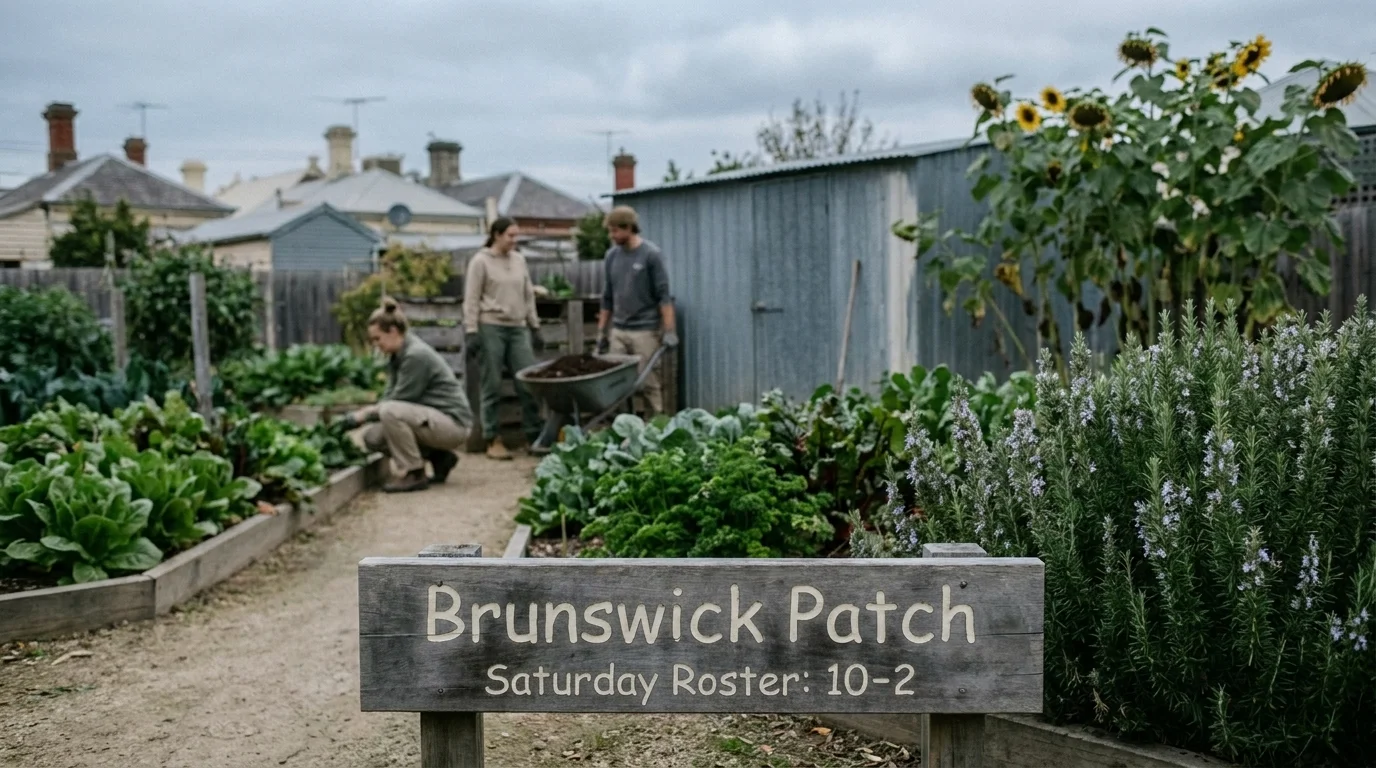 Wide view of a Brunswick community garden entrance with a hand-painted timber sign and volunteers tending raised beds