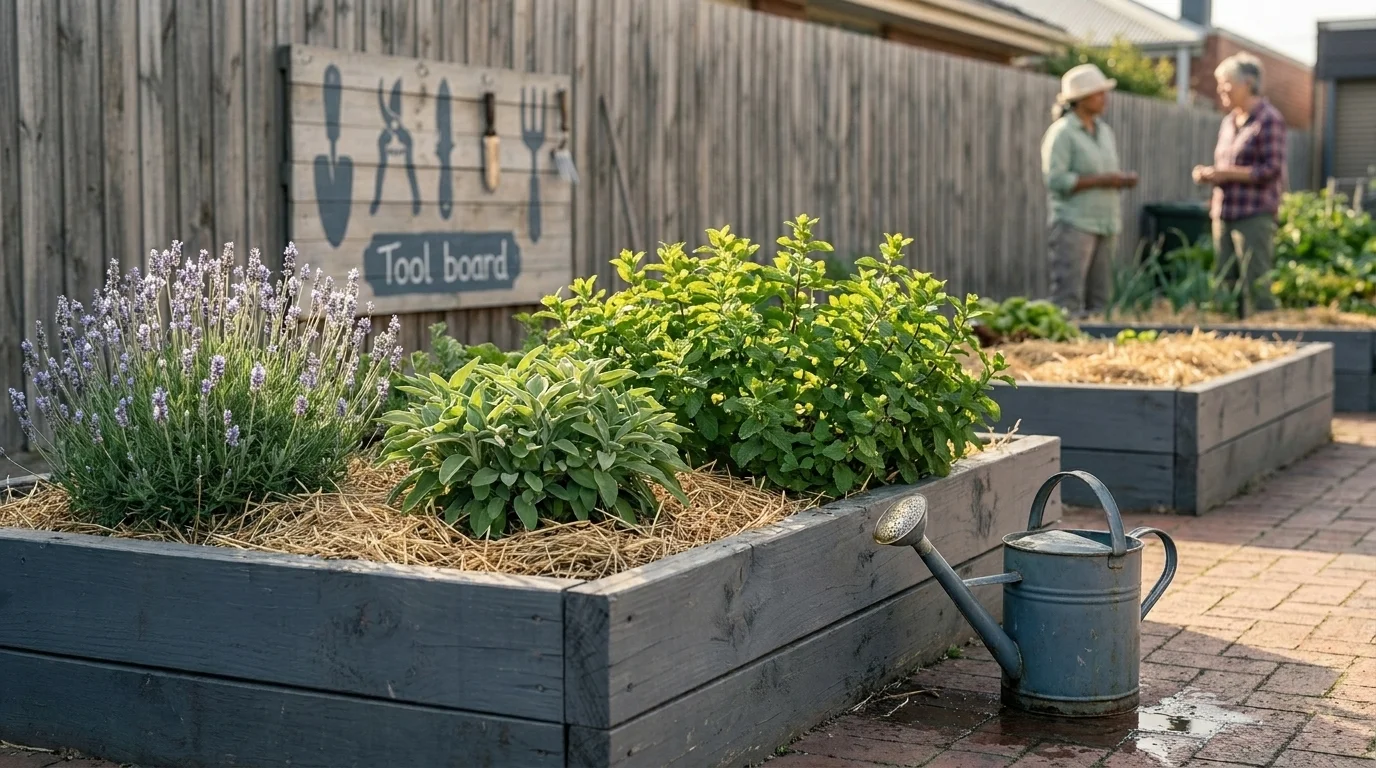Brunswick community plot raised bed at golden hour with lavender, basil, mint, a watering can, and a hand-painted tool board