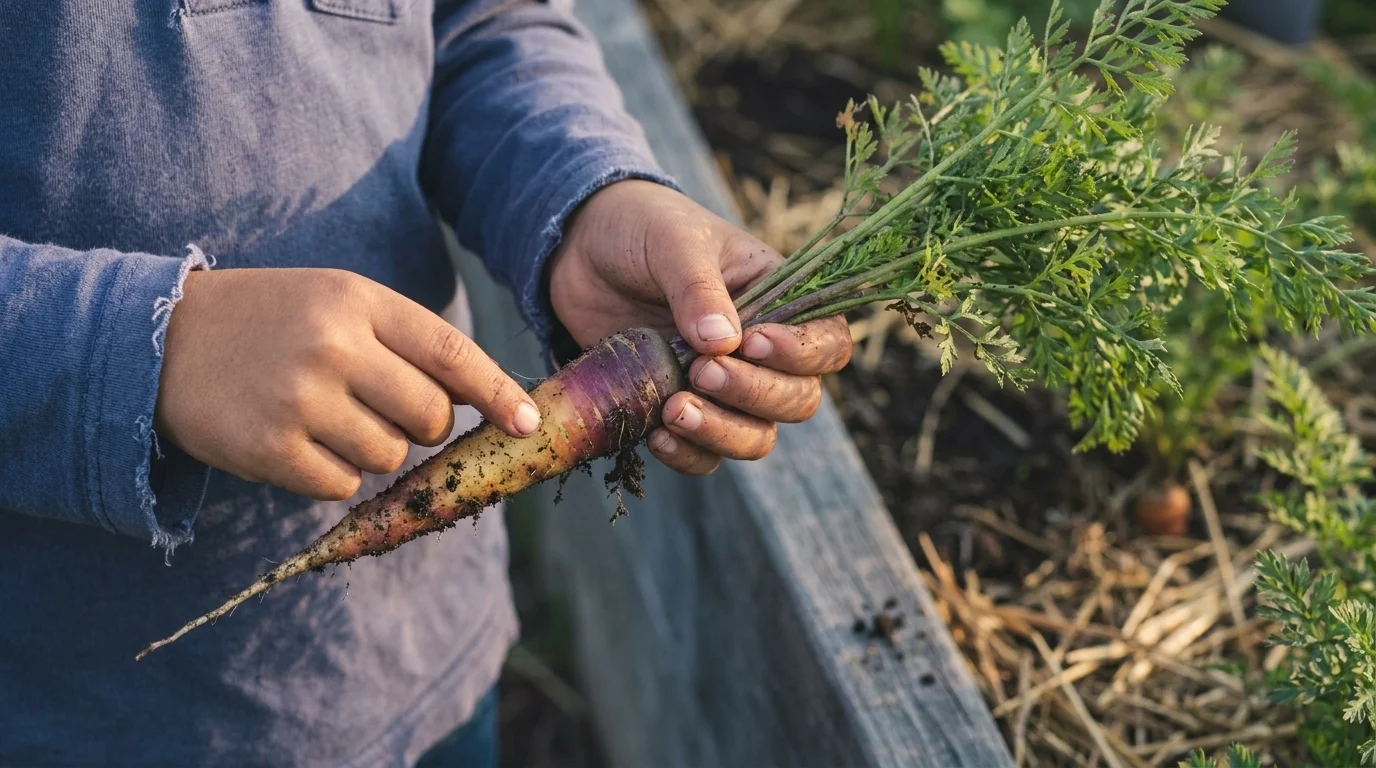 Close-up of a child's hands holding a freshly pulled rainbow carrot with soil still clinging in a school garden bed
