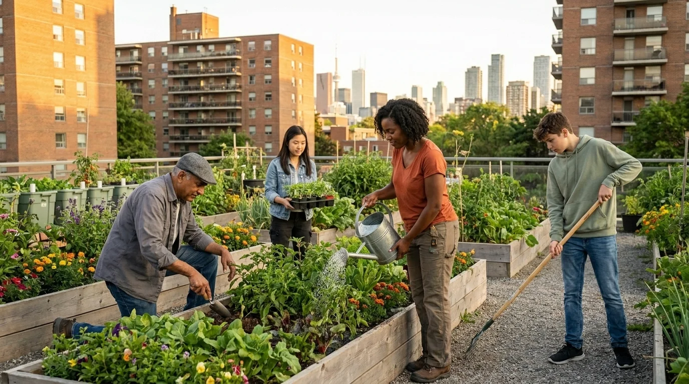 Neighbours of different ages tending shared raised beds on a reclaimed urban lot with apartment buildings behind