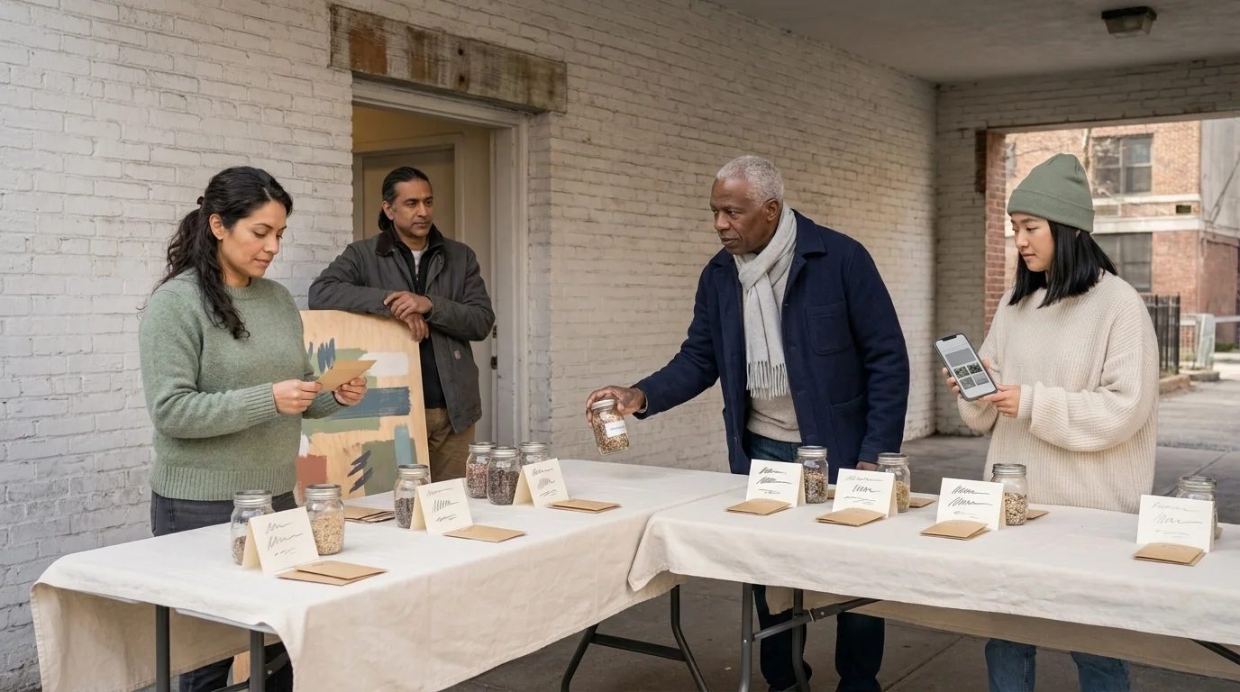 Four gardeners around two folding tables at an urban community seed-swap event under a brick breezeway in late winter