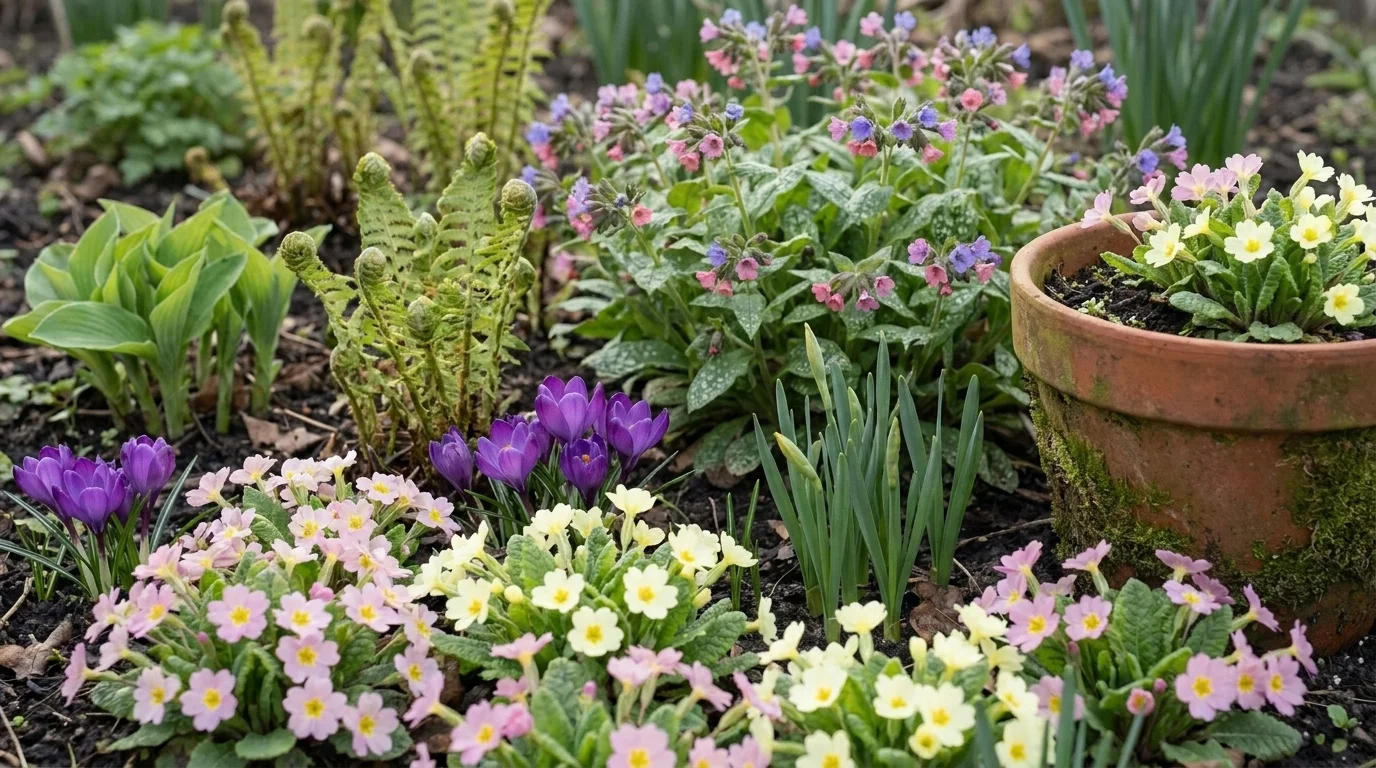 Primroses as a low front layer with purple crocus, emerging daffodils, ferns and hosta shoots in an early-spring border