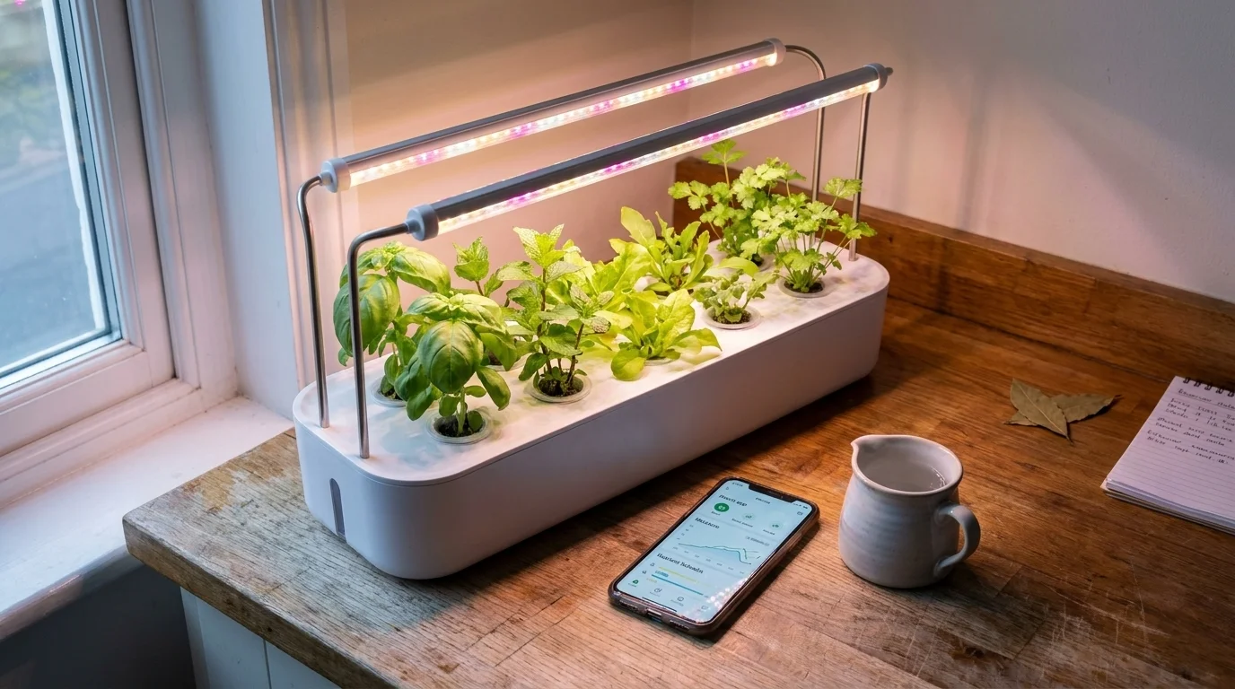 A countertop hydroponic appliance growing herbs under LED bars, with a smartphone showing the plant-monitoring app