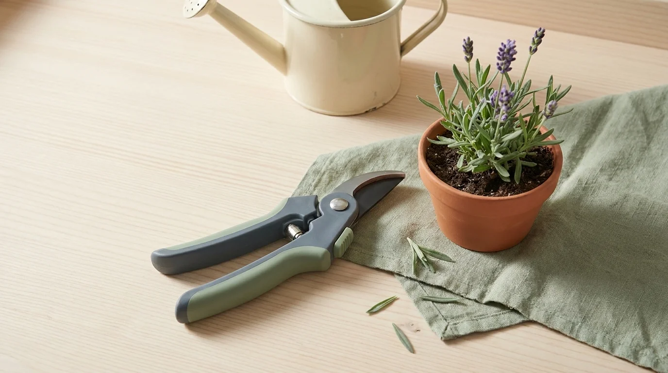 Cushioned-handle pruners and a young Lavandula 'Hidcote' in a terracotta pot on a bleached pine potting bench