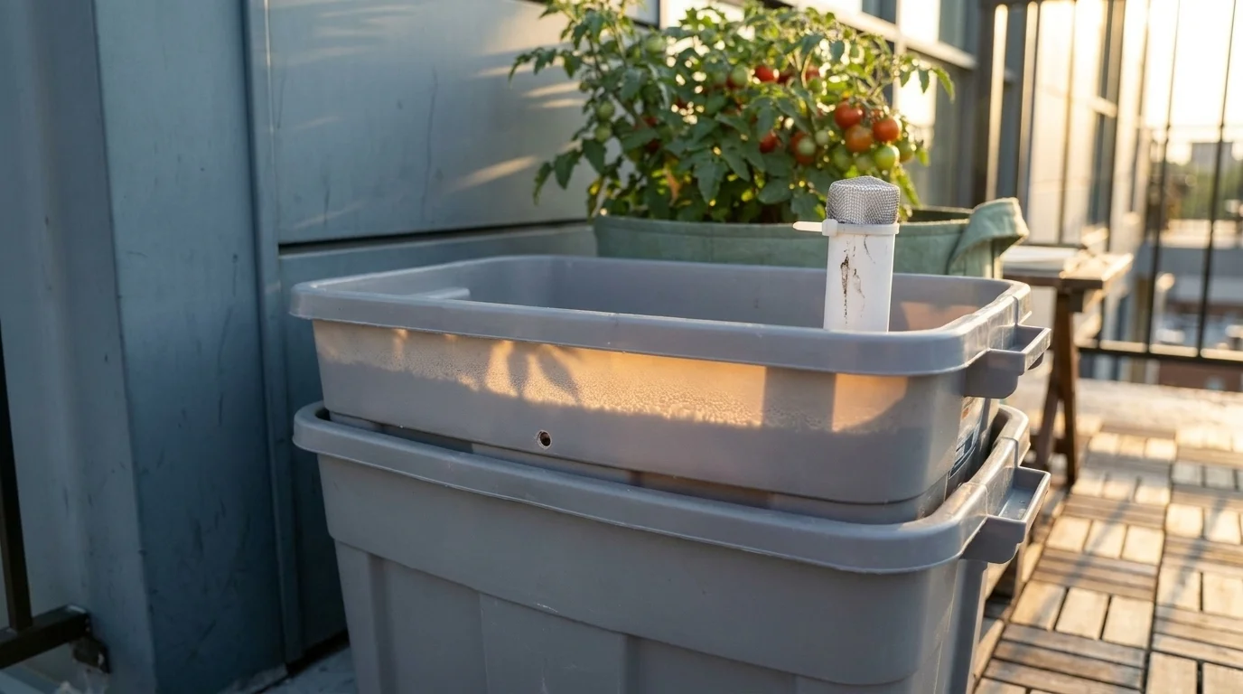 DIY self-watering container made from two nested storage totes with a PVC fill tube and a thriving cherry tomato