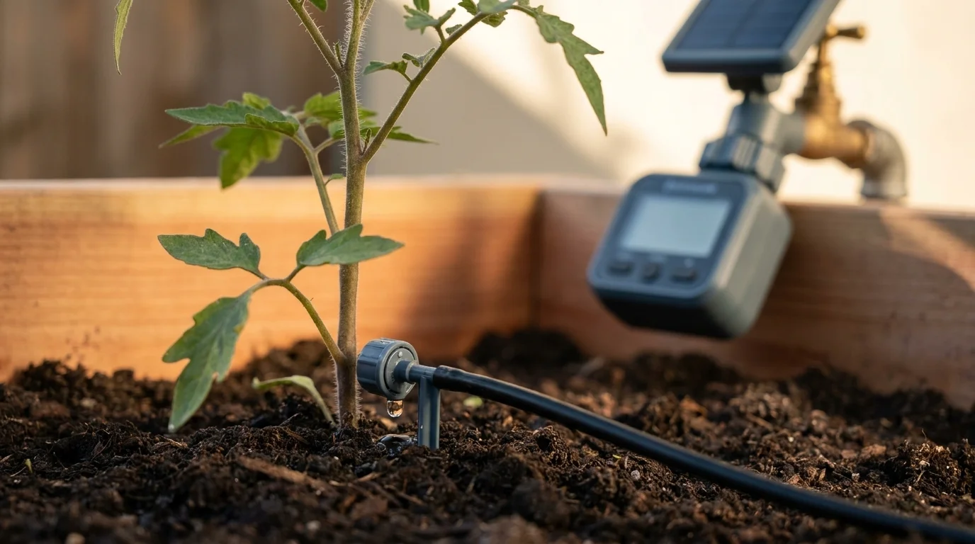 Drip-irrigation emitter delivering water at the base of a tomato in a cedar raised bed, a solar tap timer in soft focus behind