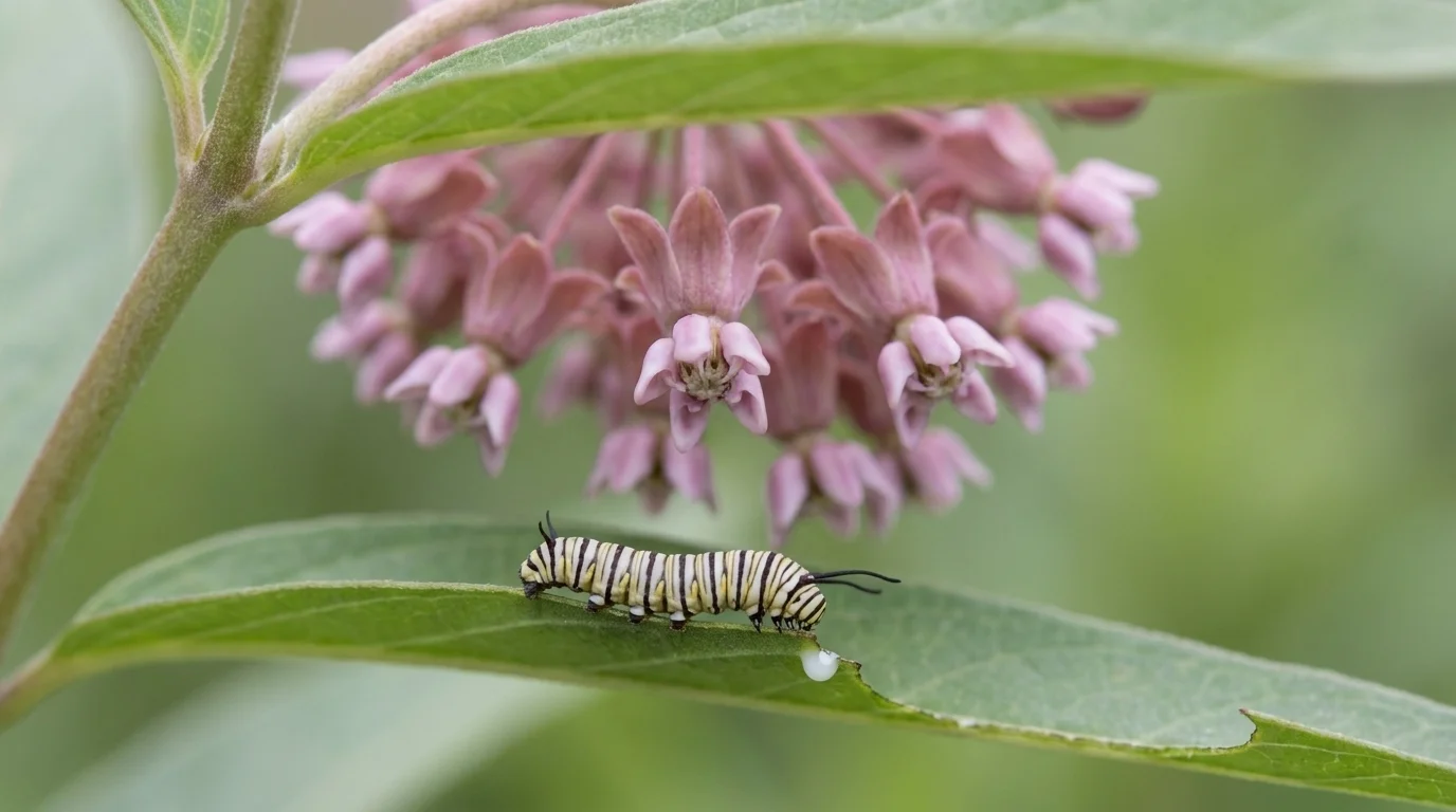 A young monarch caterpillar feeding on a swamp milkweed (Asclepias incarnata) leaf with pink umbels behind in early summer