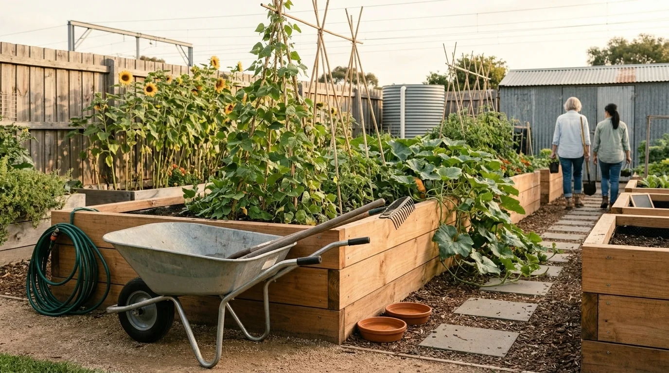 End-of-working-bee wide view of an inner-Melbourne community garden with a wheelbarrow, pumpkin vines and bean teepees