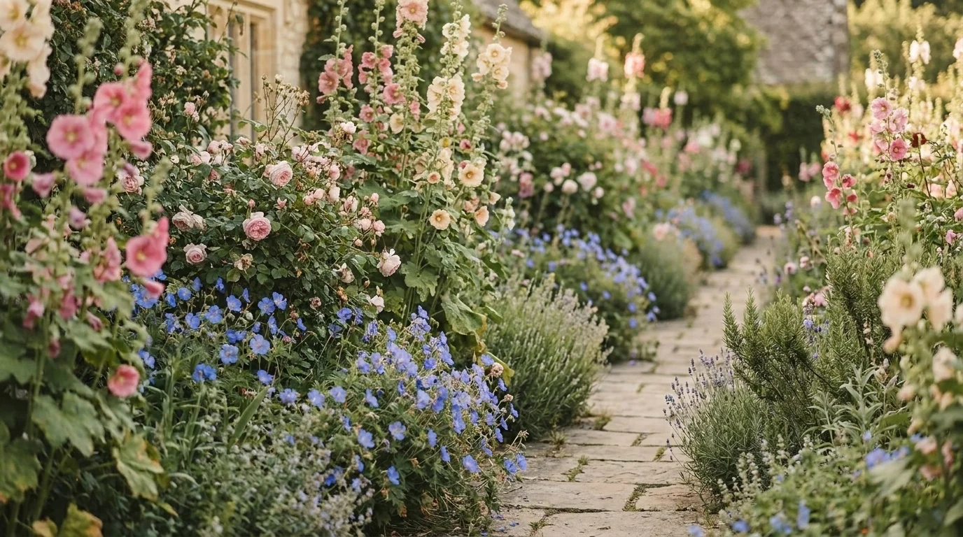 English cottage garden border in high summer, hollyhocks, roses and blue geraniums spilling over a worn stone path