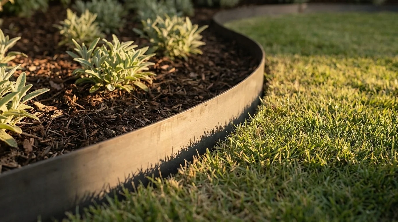 Close-up of a gently curved flower-bed edge with a crisp three-inch shadow line between dark mulch and green lawn