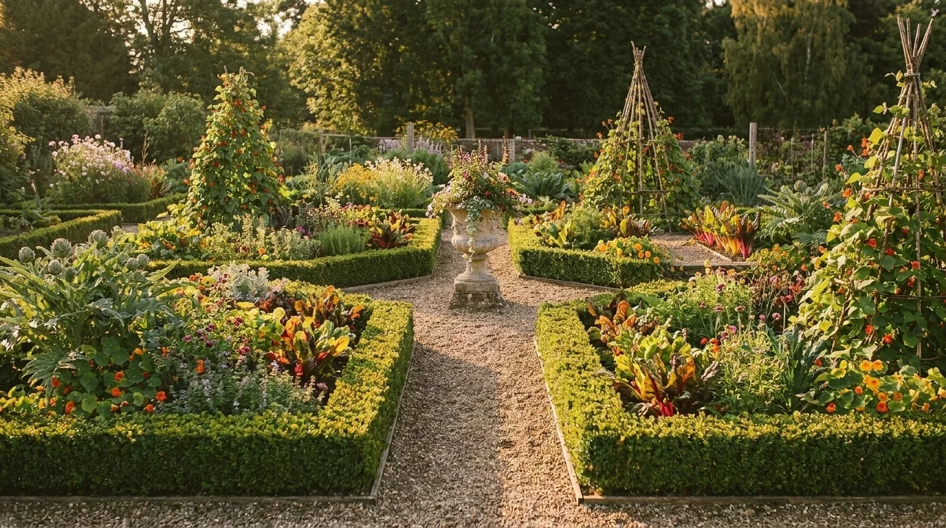 A formal potager garden of four geometric beds edged with clipped box around a central feature, gravel paths between