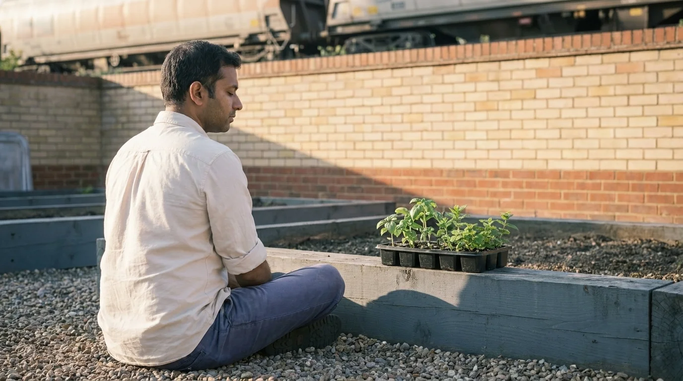 Gardener seated cross-legged at the edge of a raised bed with eyes closed in soft golden first light, seedling tray beside