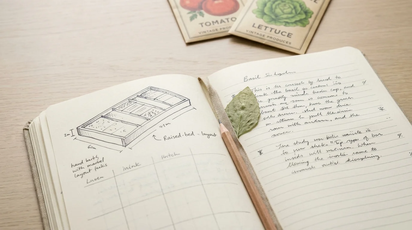 Overhead of a gardener's seasonal notebook open to a raised-bed sketch with a pressed basil leaf and two seed packets nearby