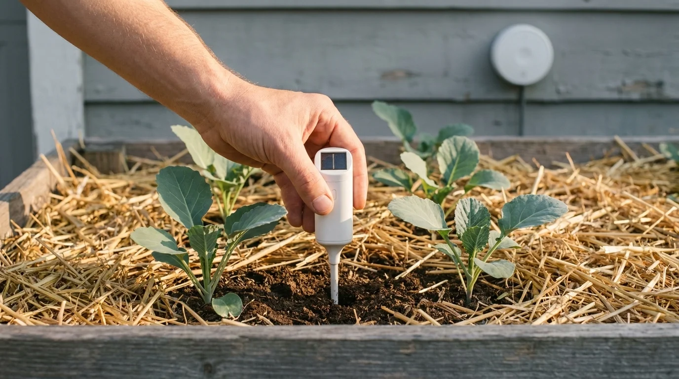 Hand inserting a wireless soil moisture sensor into the soil of a raised bed planted with young brassica seedlings