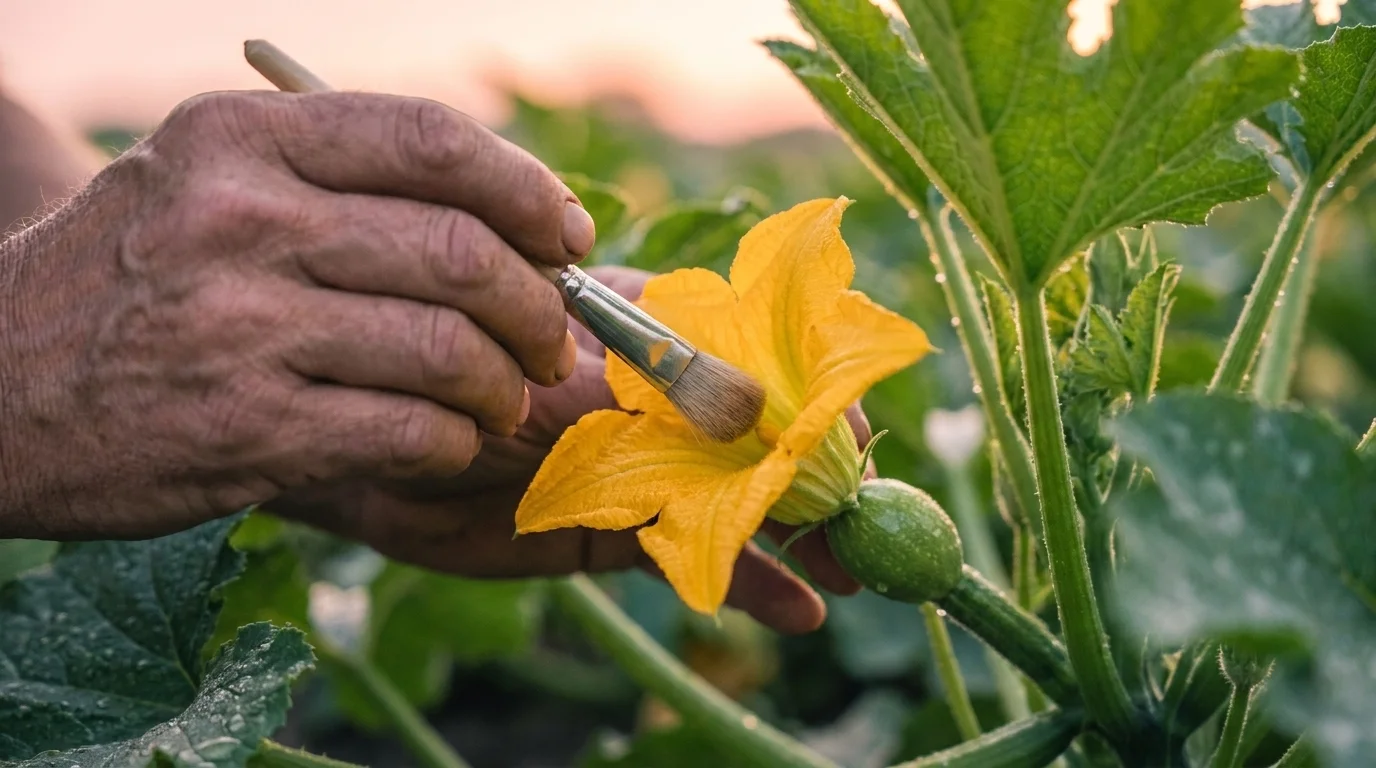 A gardener brushing pollen into an open yellow squash flower with a small soft artist's brush in morning light