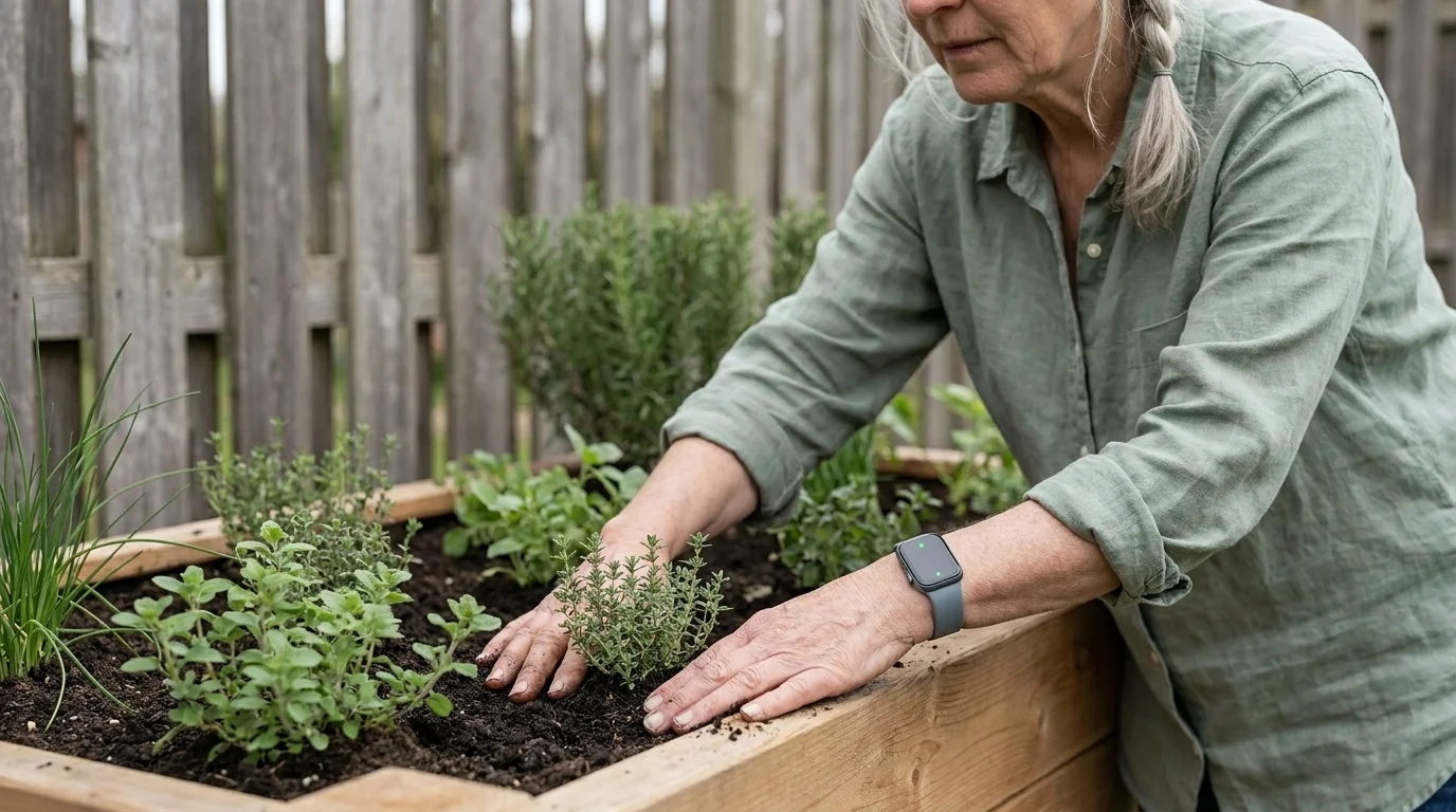 Hands planting thyme at a hip-height cedar raised bed with a slate-grey smartwatch on the gardener's wrist