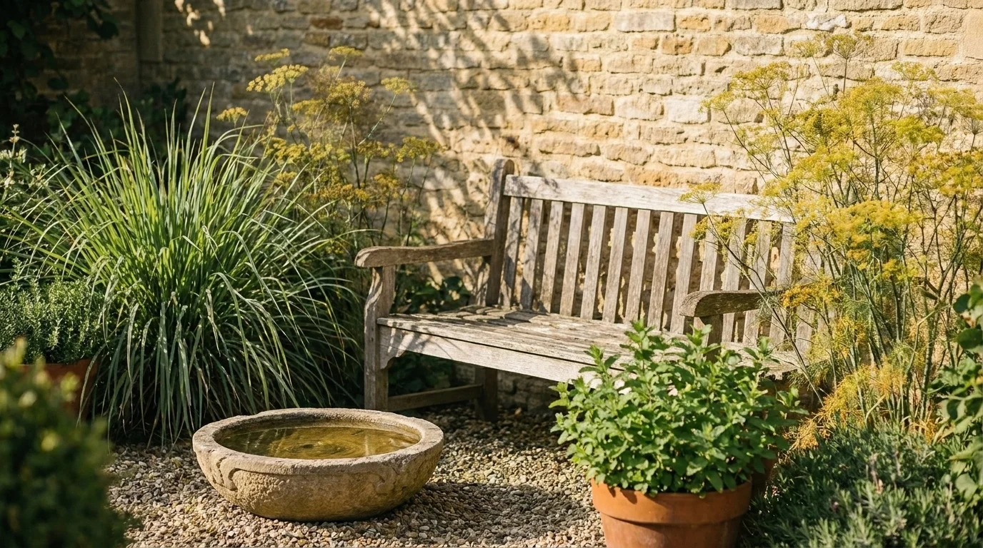 Healing garden corner with a wooden bench, stone water bowl and herb plantings in dappled late-afternoon light