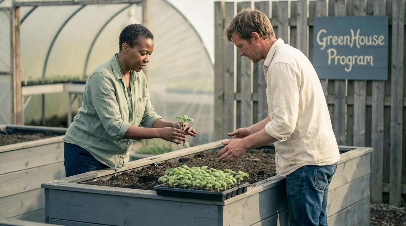Horticultural therapist demonstrating basil transplant technique to a participant at a cedar raised bed in morning light