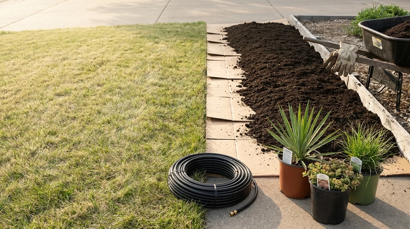 Front lawn mid-conversion to xeriscape: cardboard with compost on top, nursery pots, and a coiled drip line waiting nearby