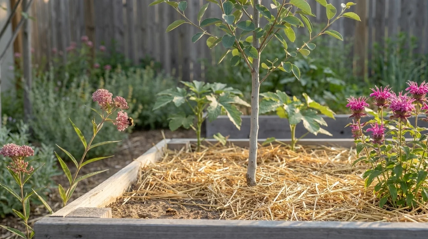 Layered climate-adapted Northeast garden bed — milkweed and bee balm foreground, serviceberry midground, okra row at the back