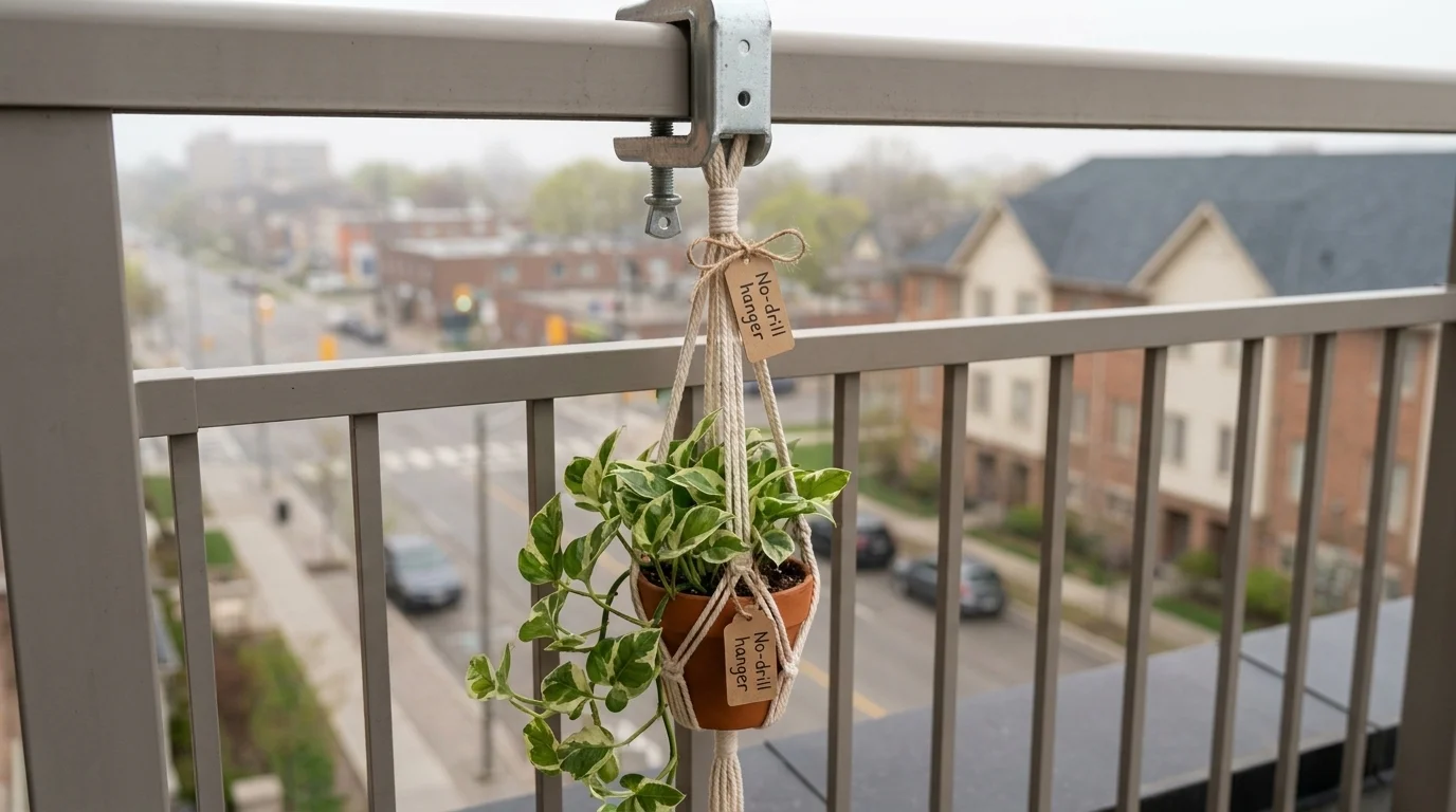 A handmade macrame plant hanger with trailing pothos clamped to a balcony beam — renter-safe, no holes drilled