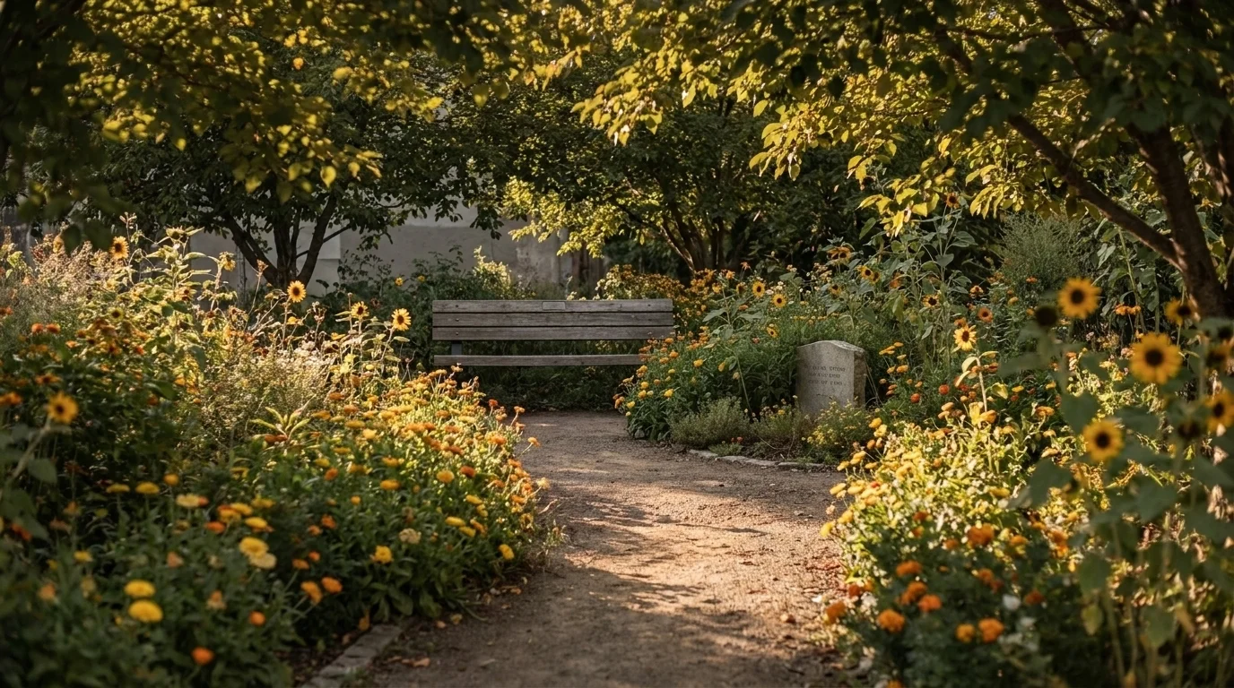 A quiet memorial and healing garden with a curving path through soft planting to a simple bench in dappled light