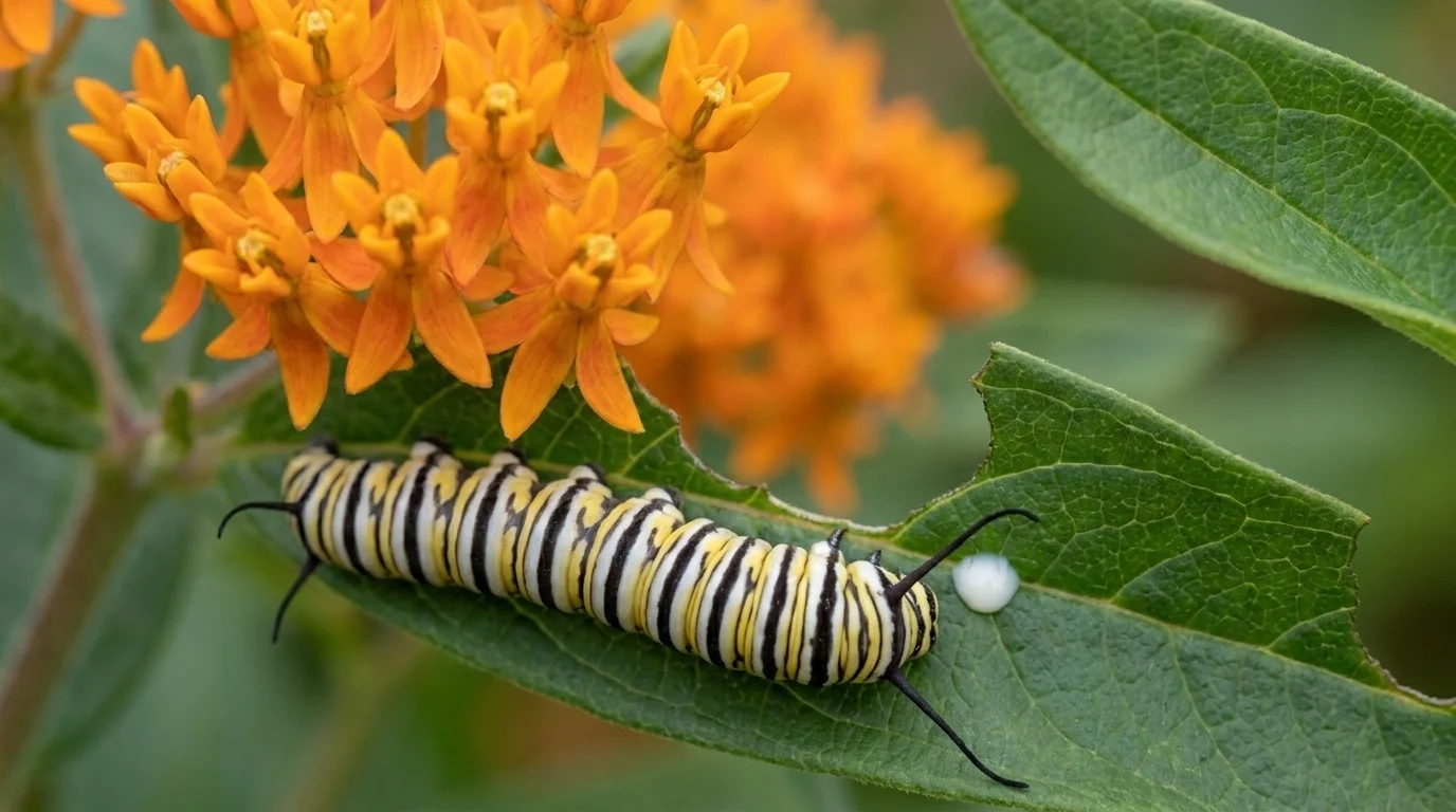 A monarch caterpillar with cream, black, and yellow stripes feeding on a butterfly milkweed leaf in late summer