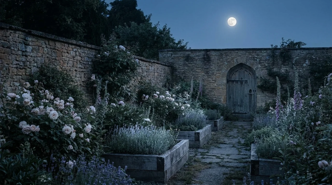 A quiet garden at night under a full moon, raised beds and silvered foliage lit by cool moonlight