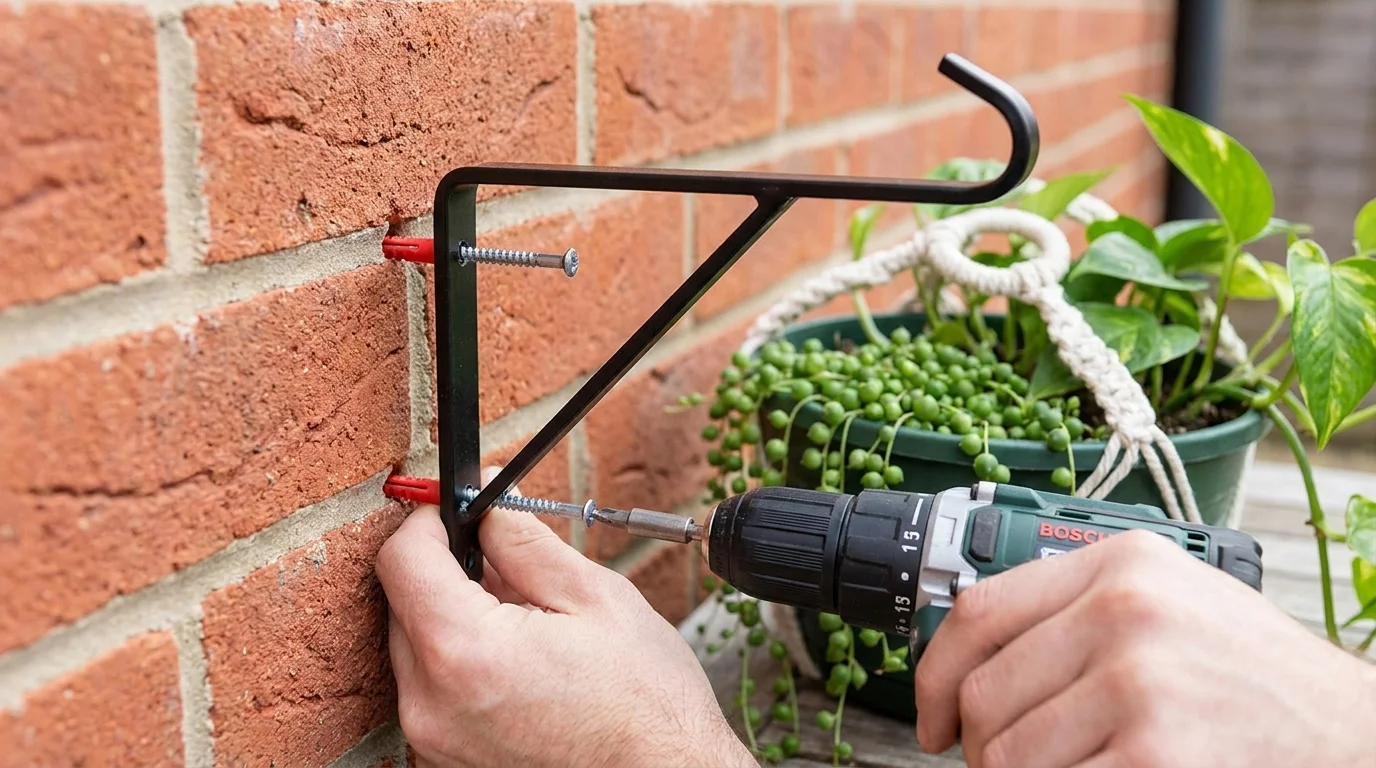 Hands drilling a hooked black bracket into a brick wall with wall plugs, a hanging basket waiting nearby