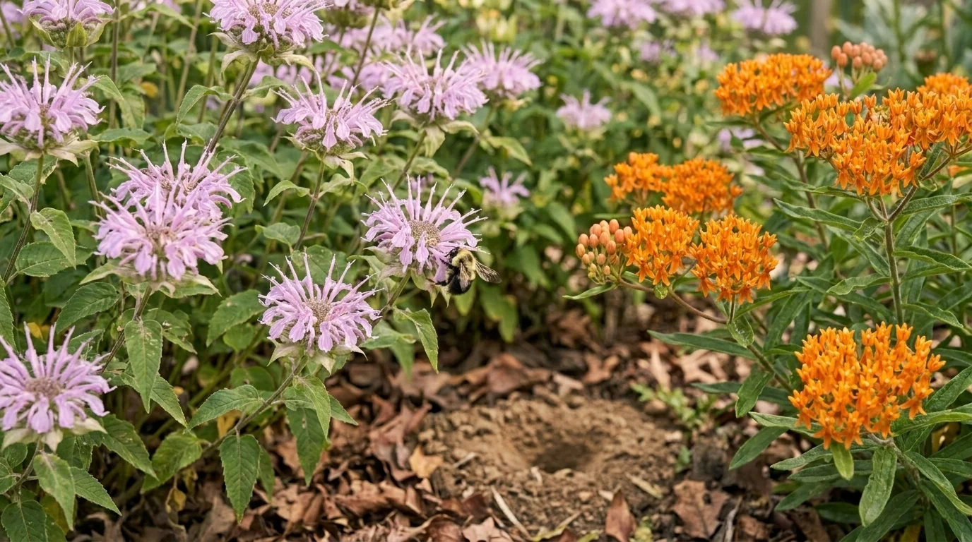 A bumblebee working wild bergamot and orange milkweed in a real planted native perennial border