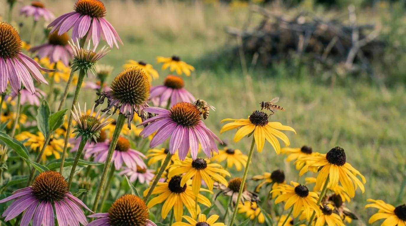 A bee and a hoverfly working purple and golden native perennial blooms in a garden border with unmown grass behind