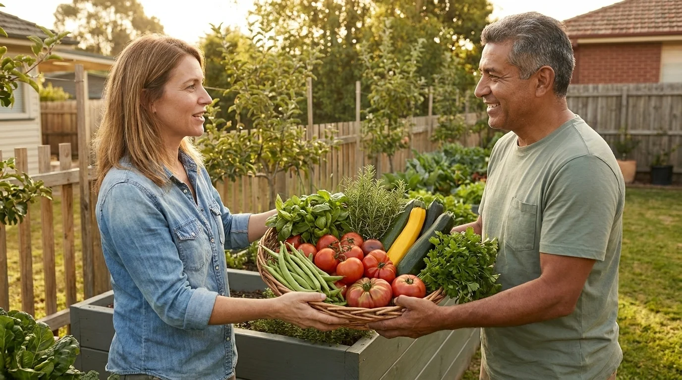 Two neighbours sharing a basket of tomatoes, beans and herbs across a raised garden bed in late summer