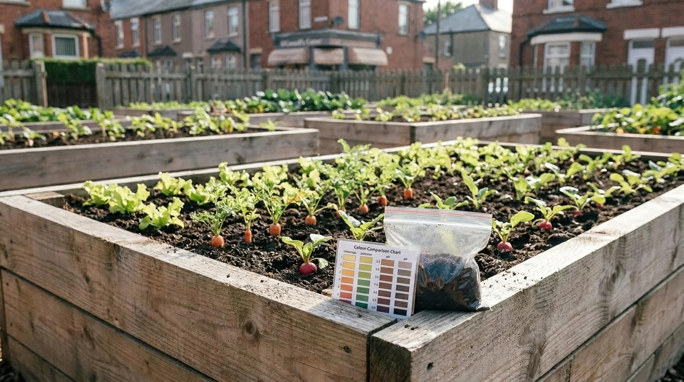 Newly built raised beds of dark clean soil and young seedlings on a reclaimed urban lot with a soil-test kit on the edge
